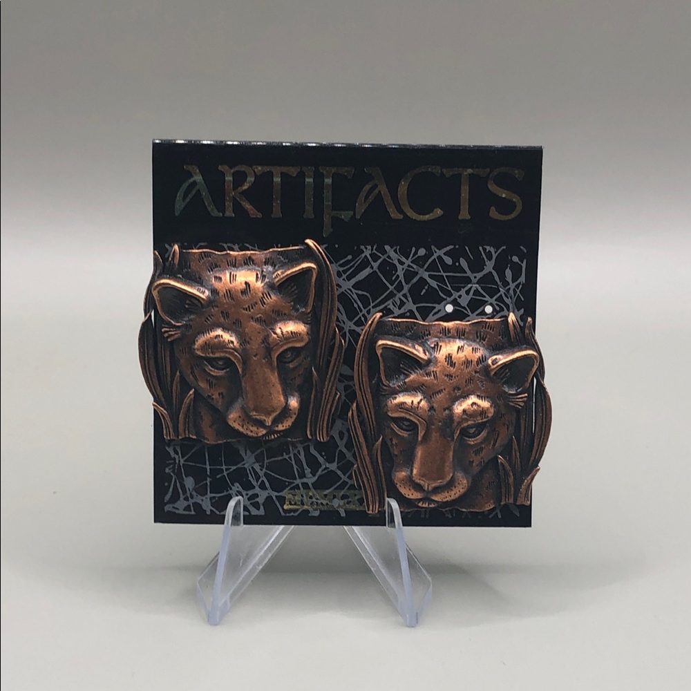 JJ Jonette Jewelry Artifacts (1986) copper-tone leopard big cat earrings vintage